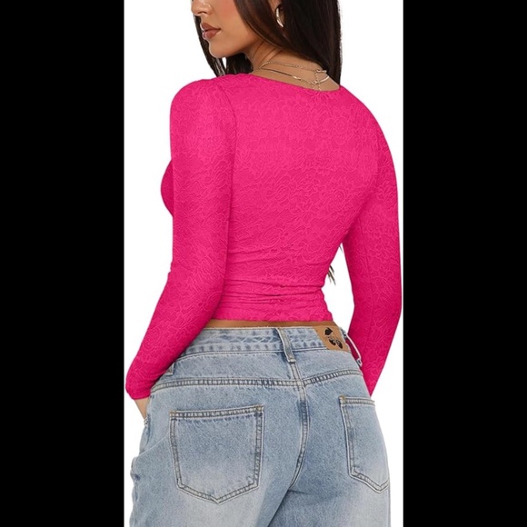 NWT REORIA Pink Lace Long Sleeve Y2K Crop Top Size Medium - Picture 2 of 8
